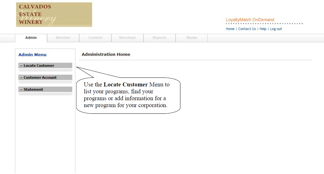 Admin interface showing locate customer menu