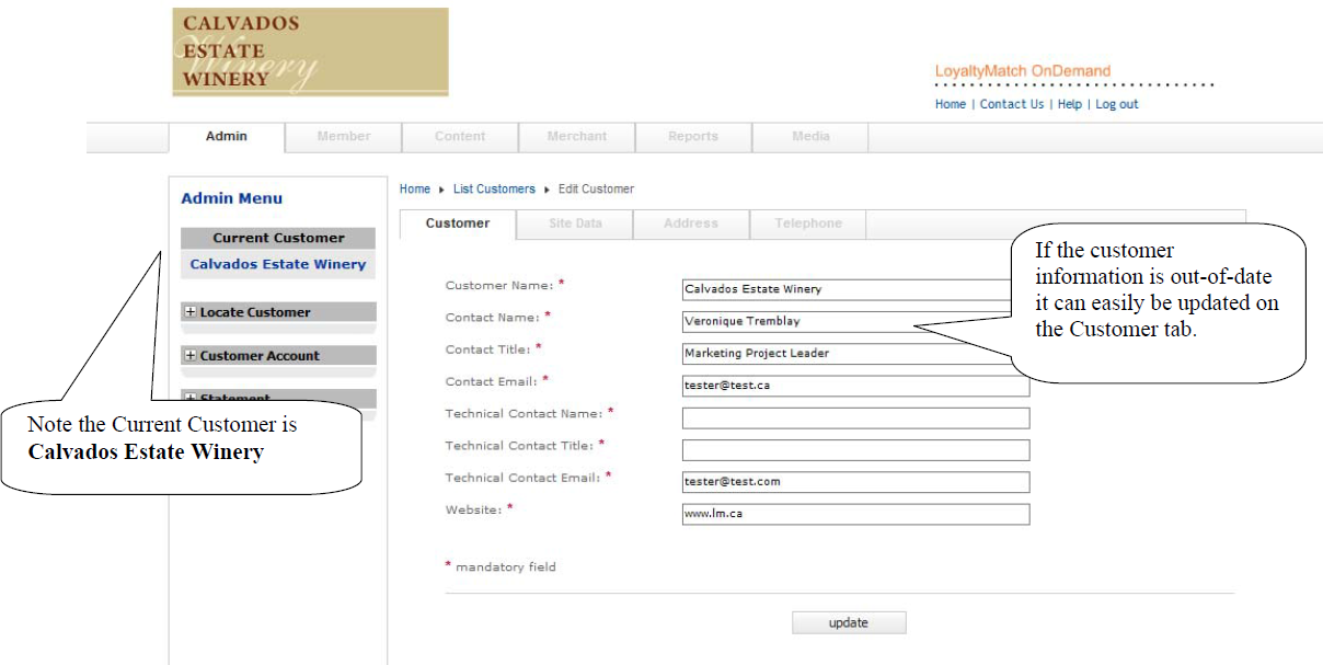 Customer account information form