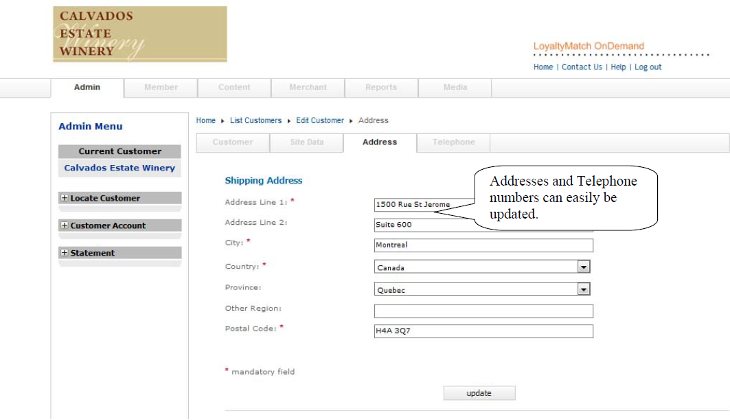 Customer address and telephone form