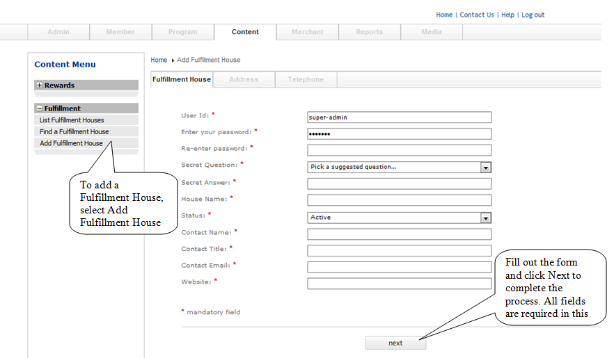Add fulfillment house form