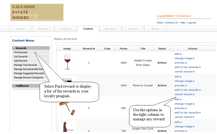 List of rewards interface