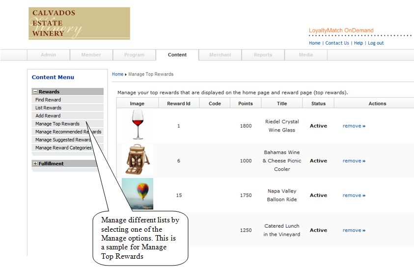 Manage rewards interface