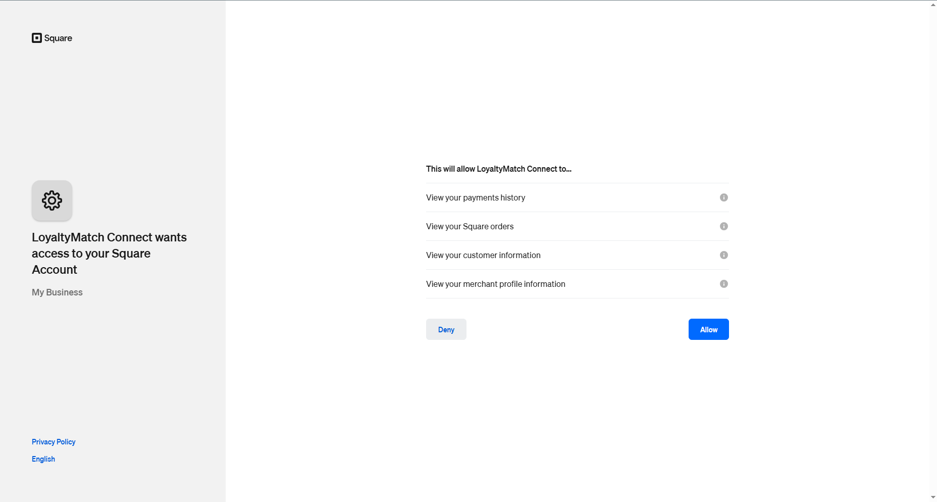 Square OAuth authorization page for the LoyaltyMatch Connect App