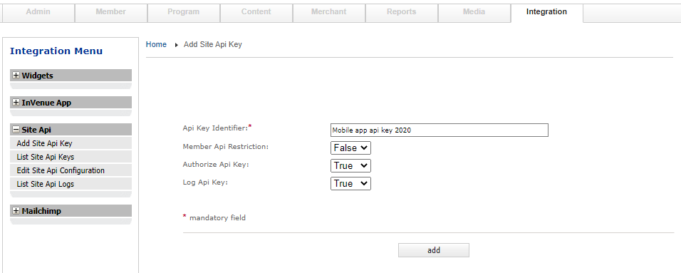 Create API key interface