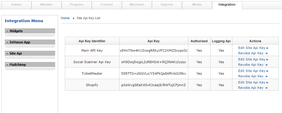 List API keys interface