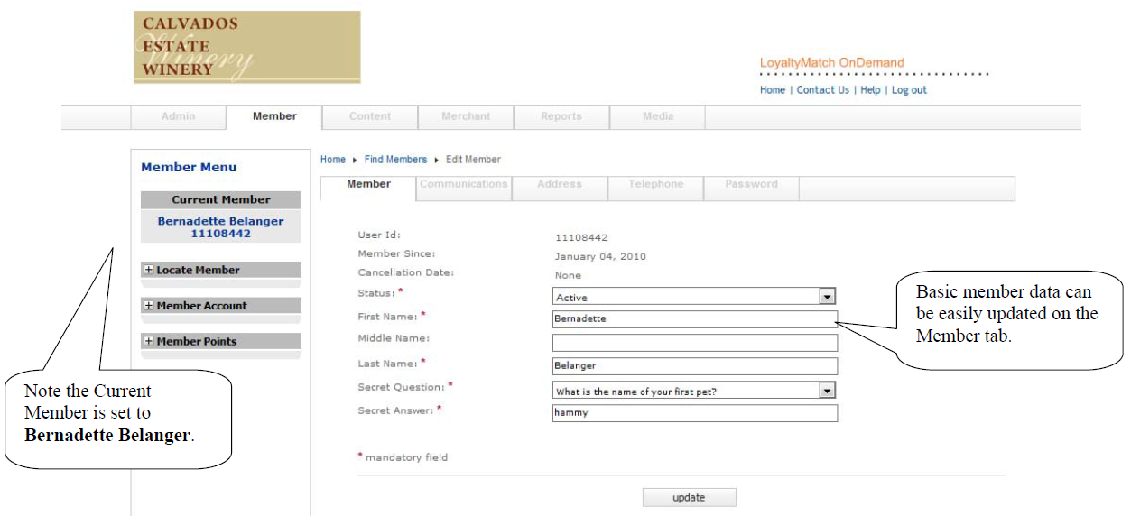 Edit member account interface