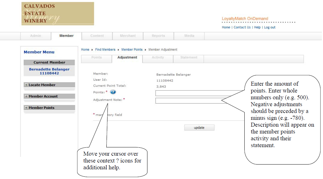 Member points adjustment interface
