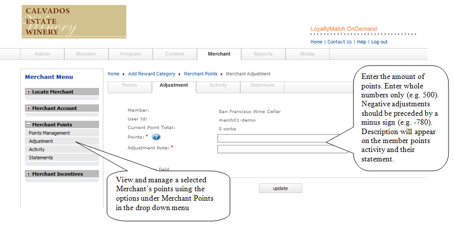 Adjust merchant points interface