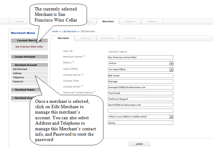 Edit merchant interface