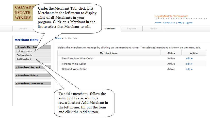 List merchants interface